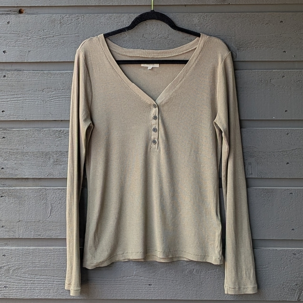 Madewell Drapey-Rib Henley Tee Size Large Army Green Tan